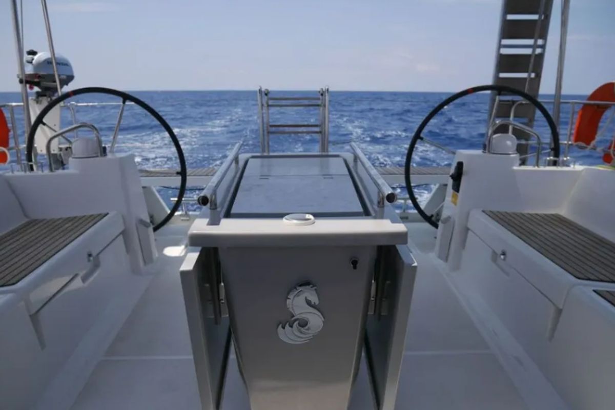 Cockpit of Allegria, a Beneteau Oceanis 45 sailboat at Municipal Unit of Lefkada, Greece
