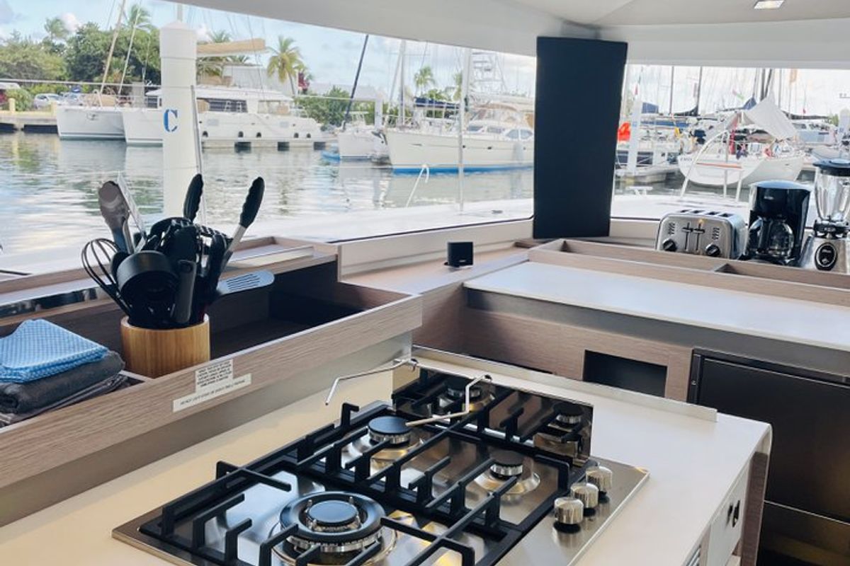 Galley of Hoylah, a Fountaine Pajot Aura 51 catamaran at Road Town, British Virgin Islands