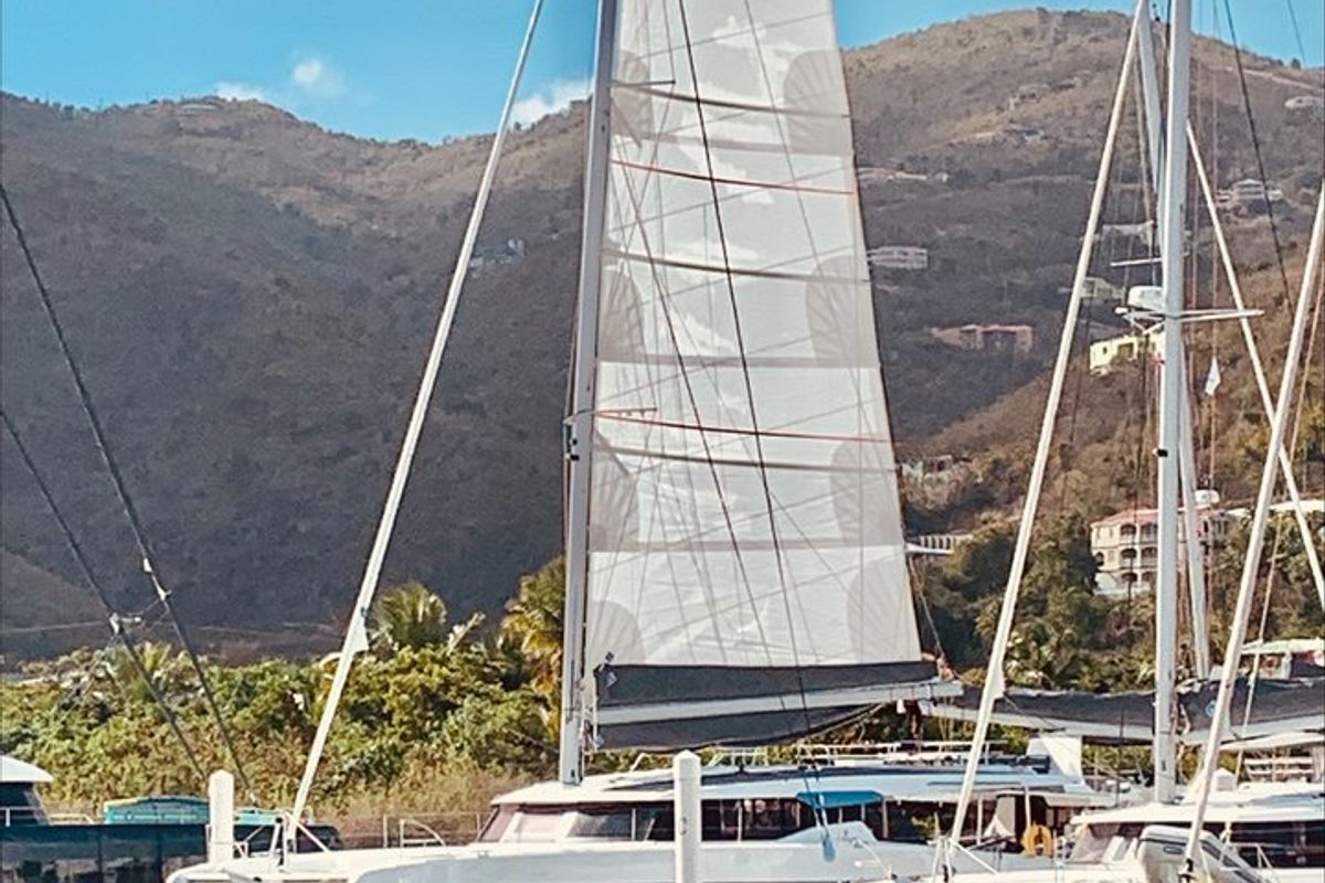 Exterior view of Hoylah, a Fountaine Pajot Aura 51 catamaran at Road Town, British Virgin Islands