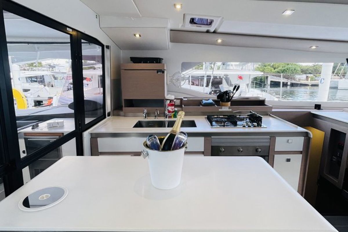 Galley of Hoylah, a Fountaine Pajot Aura 51 catamaran at Road Town, British Virgin Islands