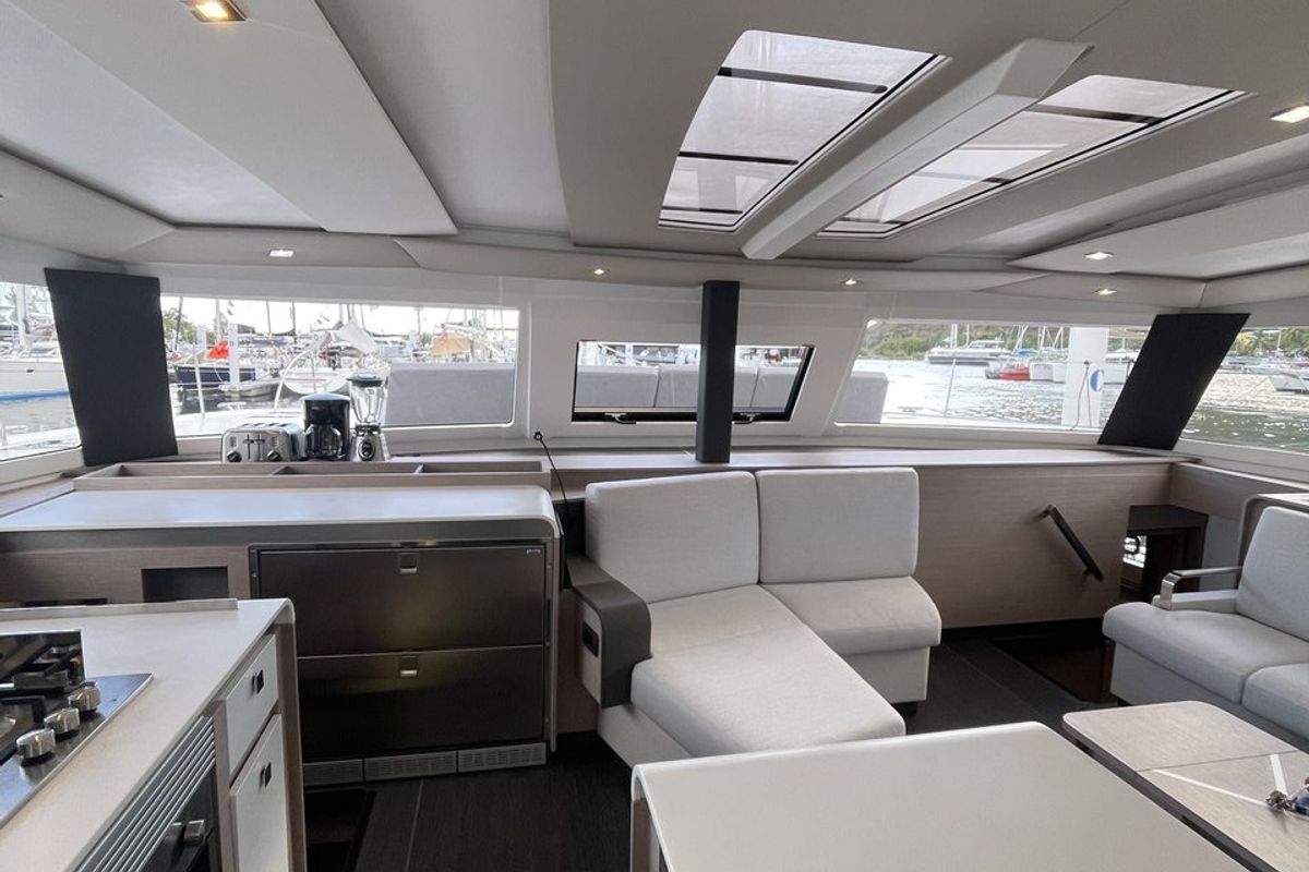 Salon of Hoylah, a Fountaine Pajot Aura 51 catamaran at Road Town, British Virgin Islands