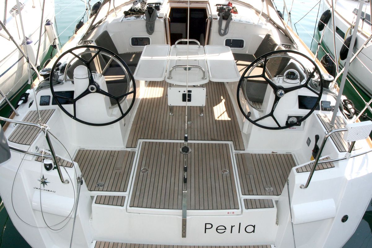 Exterior view of Perla, a Jeanneau Sun Odyssey 479 sailboat at Punat, Croatia