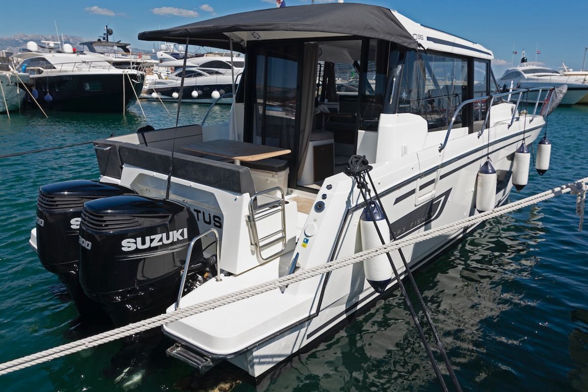Exterior view of Renatus, a Jeanneau Merry Fisher 1095 motorboat at Zadar, Croatia