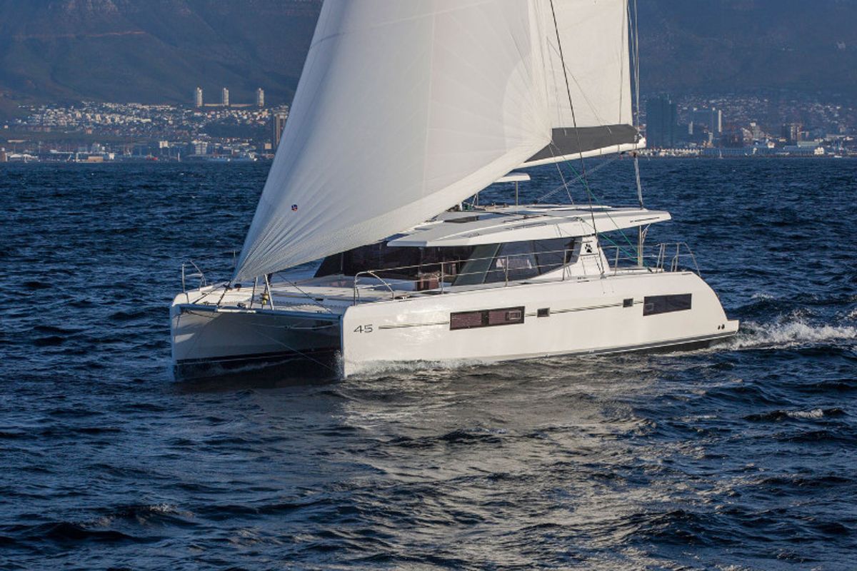 Exterior view of Moorings 4500L/10 Exclusive, a Leopard 45 catamaran at Grand Anse, Grenada