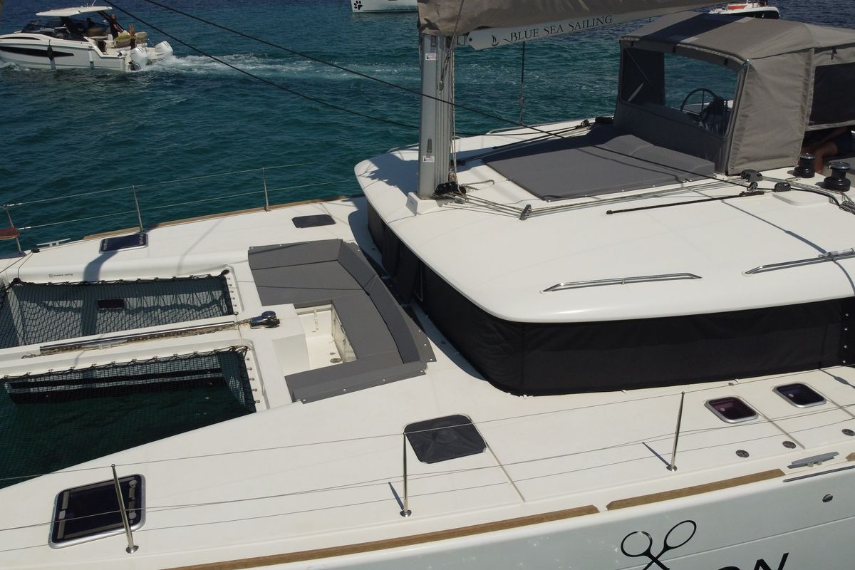 Deck of Gran Azul, a Lagoon 450 catamaran at Santa Eulària des Riu, Spain