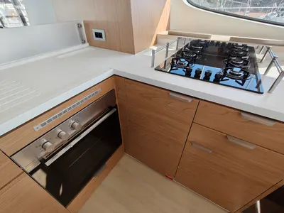 Galley of Little Emma, a Bali 4.6 catamaran at Municipal Unit of Rhodes, Greece