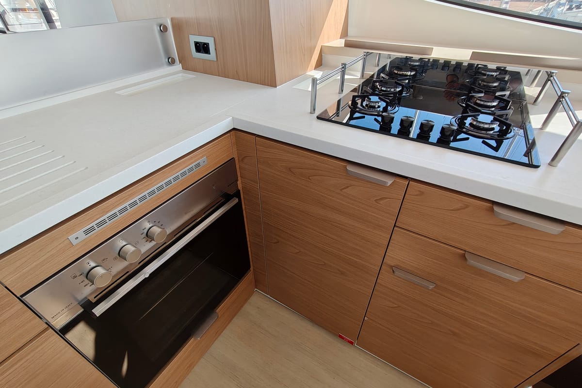 Galley of Little Emma, a Bali 4.6 catamaran at Municipal Unit of Rhodes, Greece