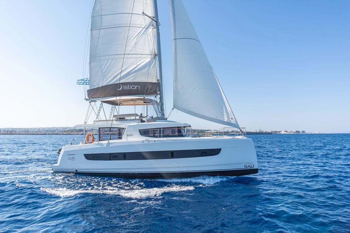 Exterior view of Little Emma, a Bali 4.6 catamaran at Municipal Unit of Rhodes, Greece