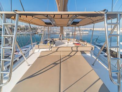 Deck of Little Emma, a Bali 4.6 catamaran at Municipal Unit of Rhodes, Greece
