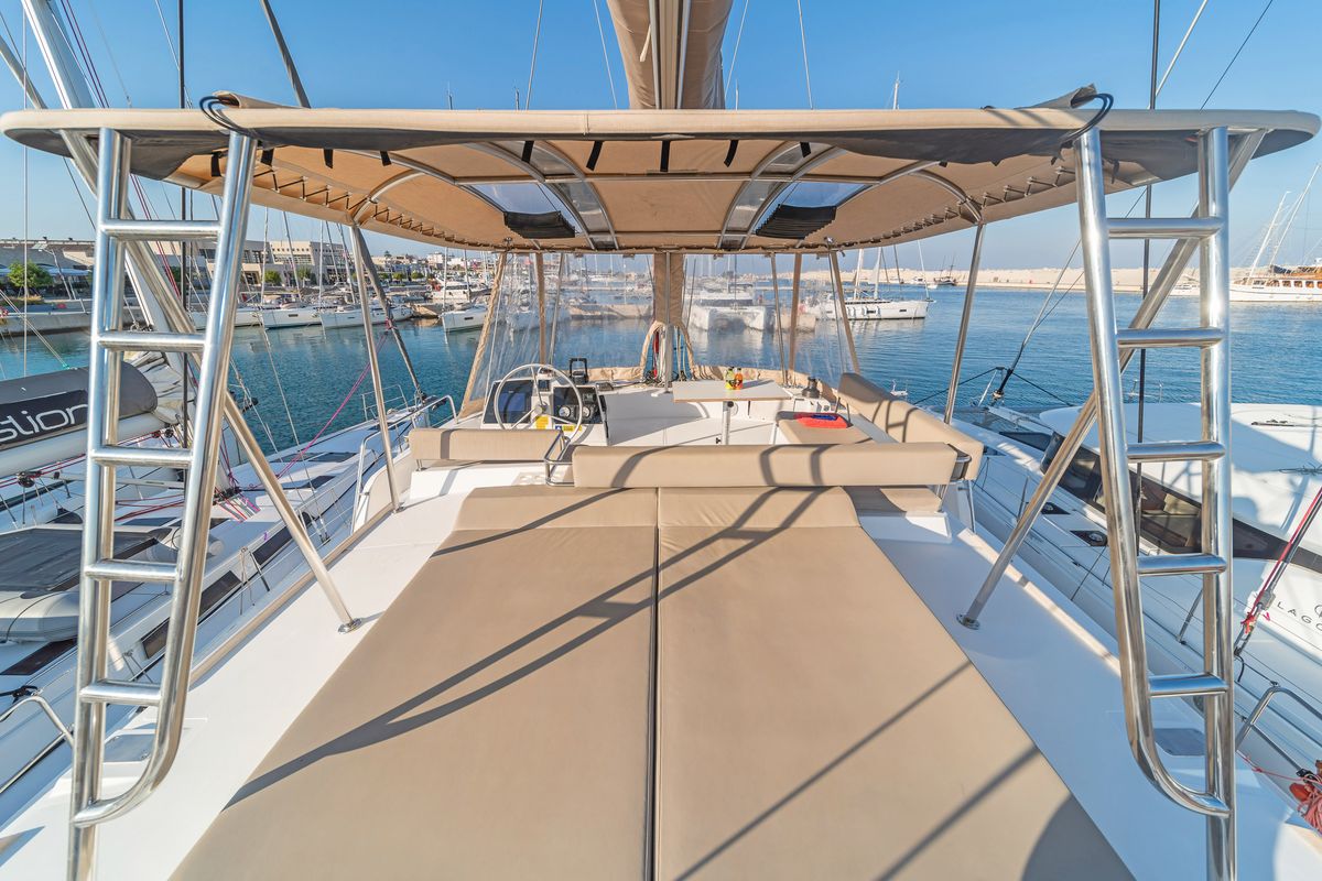 Deck of Little Emma, a Bali 4.6 catamaran at Municipal Unit of Rhodes, Greece