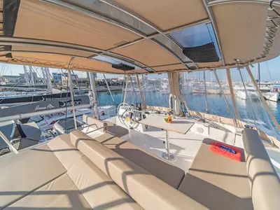 Cockpit of Little Emma, a Bali 4.6 catamaran at Municipal Unit of Rhodes, Greece