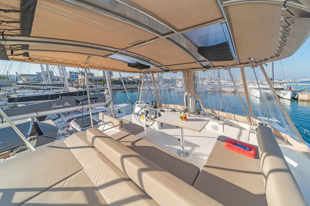 Cockpit of Little Emma, a Bali 4.6 catamaran at Municipal Unit of Rhodes, Greece