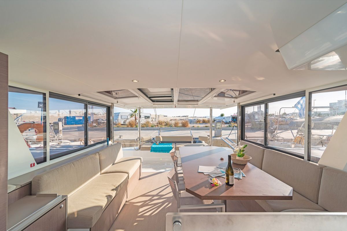 Salon of Little Emma, a Bali 4.6 catamaran at Municipal Unit of Rhodes, Greece