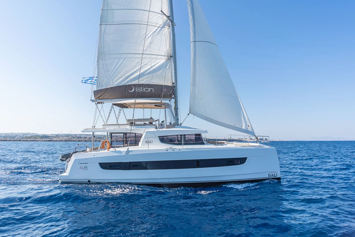 Exterior view of Little Emma, a Bali 4.6 catamaran at Municipal Unit of Rhodes, Greece