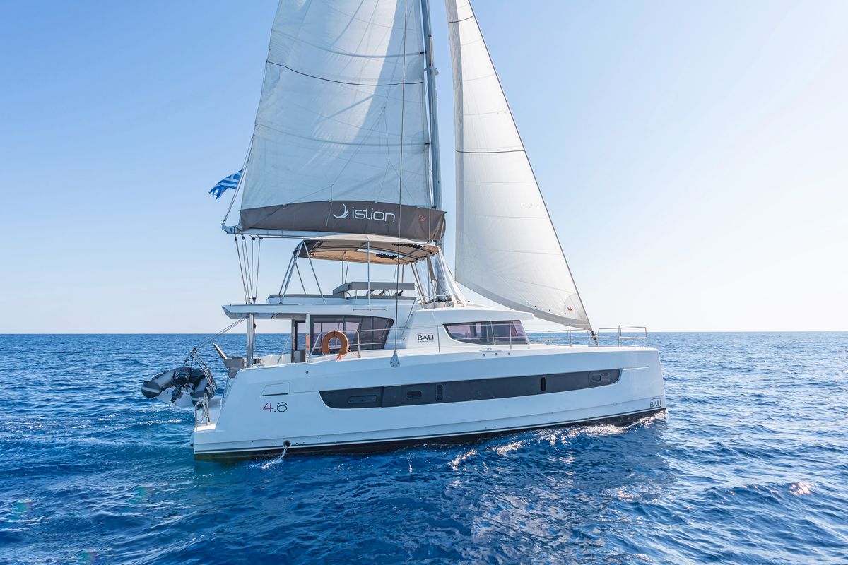 Exterior view of Little Emma, a Bali 4.6 catamaran at Municipal Unit of Rhodes, Greece