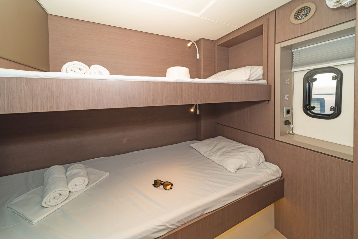 Cabin on Little Emma, a Bali 4.6 catamaran at Municipal Unit of Rhodes, Greece