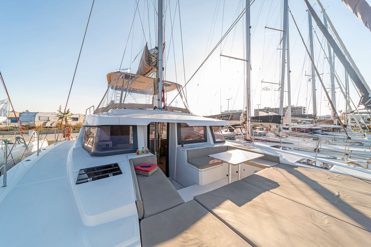Deck of Little Emma, a Bali 4.6 catamaran at Municipal Unit of Rhodes, Greece