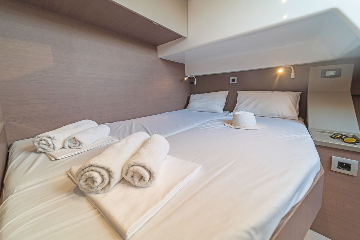 Cabin on Little Emma, a Bali 4.6 catamaran at Municipal Unit of Rhodes, Greece
