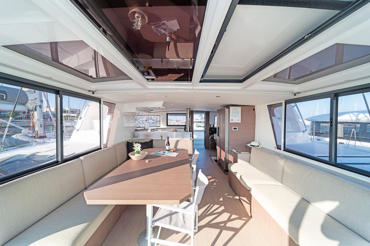 Salon of Little Emma, a Bali 4.6 catamaran at Municipal Unit of Rhodes, Greece