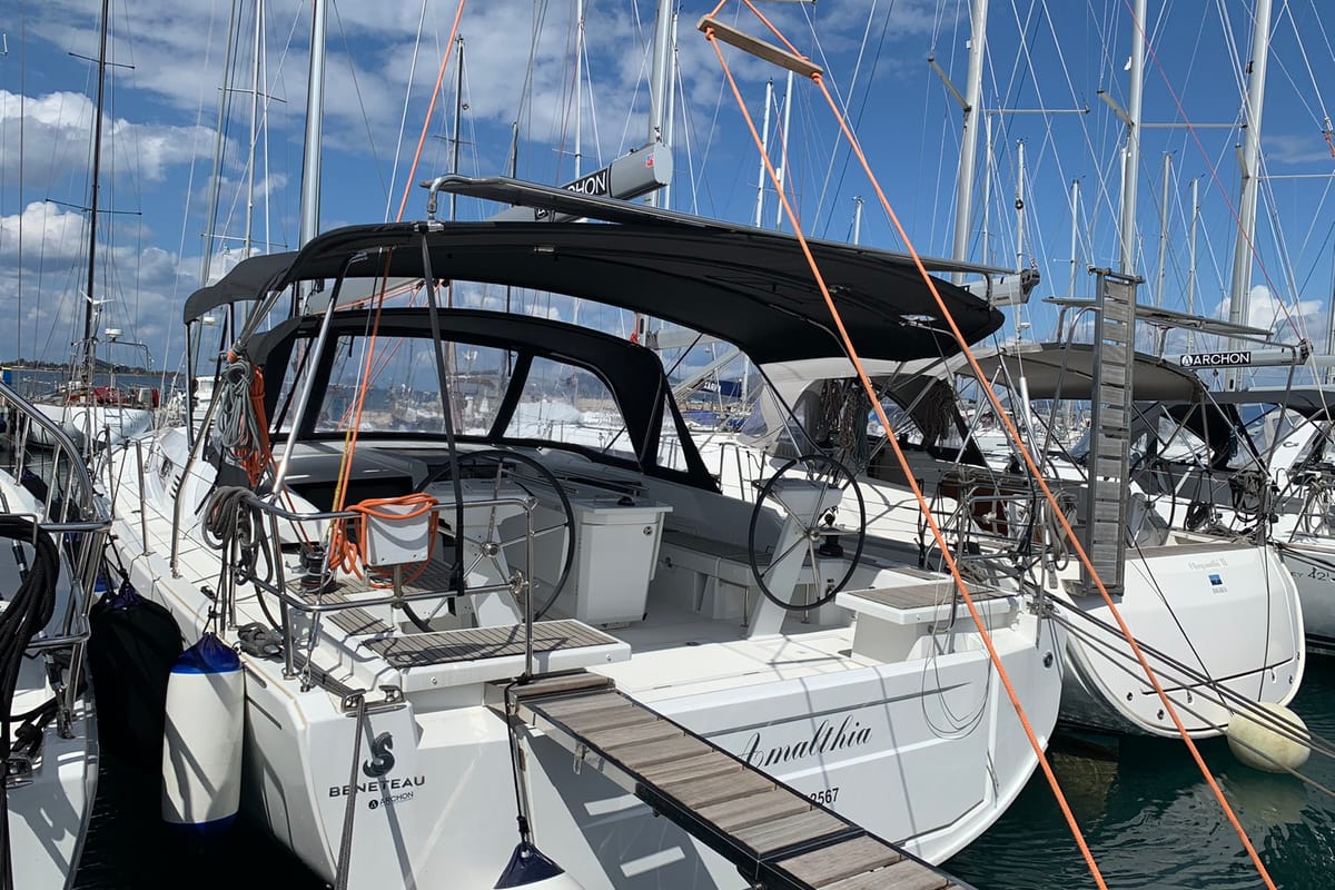 Cockpit of Amalthia, a Beneteau Oceanis 46.1 sailboat at Municipal Unit of Ellomenos, Greece