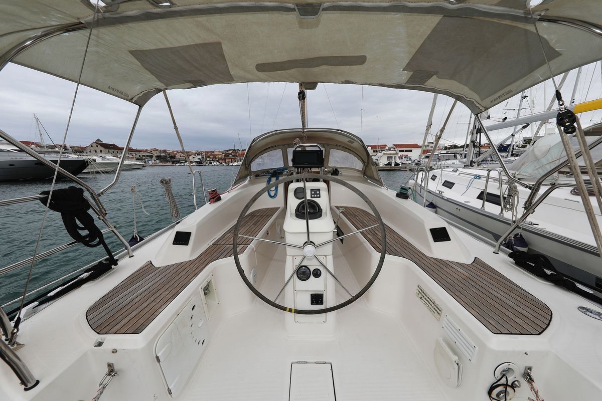 Deck of Homeoffice, a Bavaria Cruiser 33 sailboat at Grad Vodice, Croatia