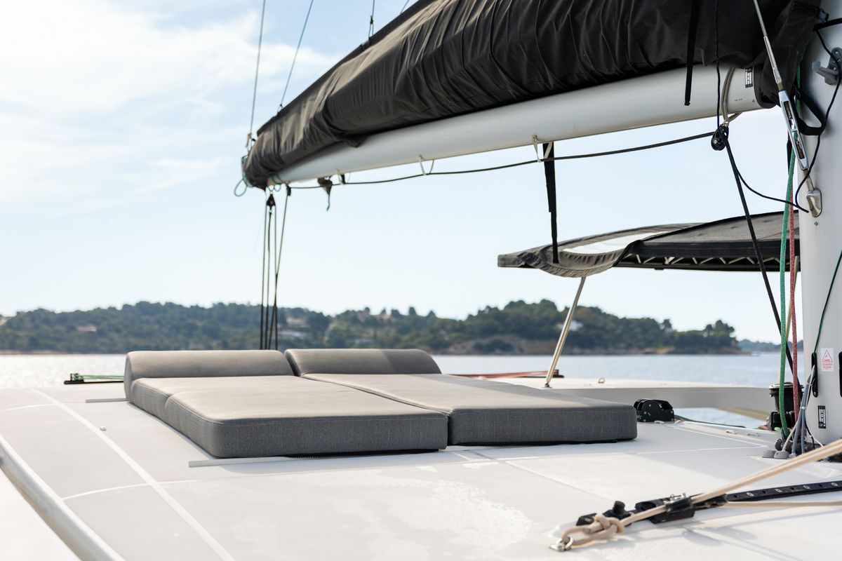 Deck of AURA, a Lagoon 42 catamaran at Municipal Unit of Kranidi, Greece