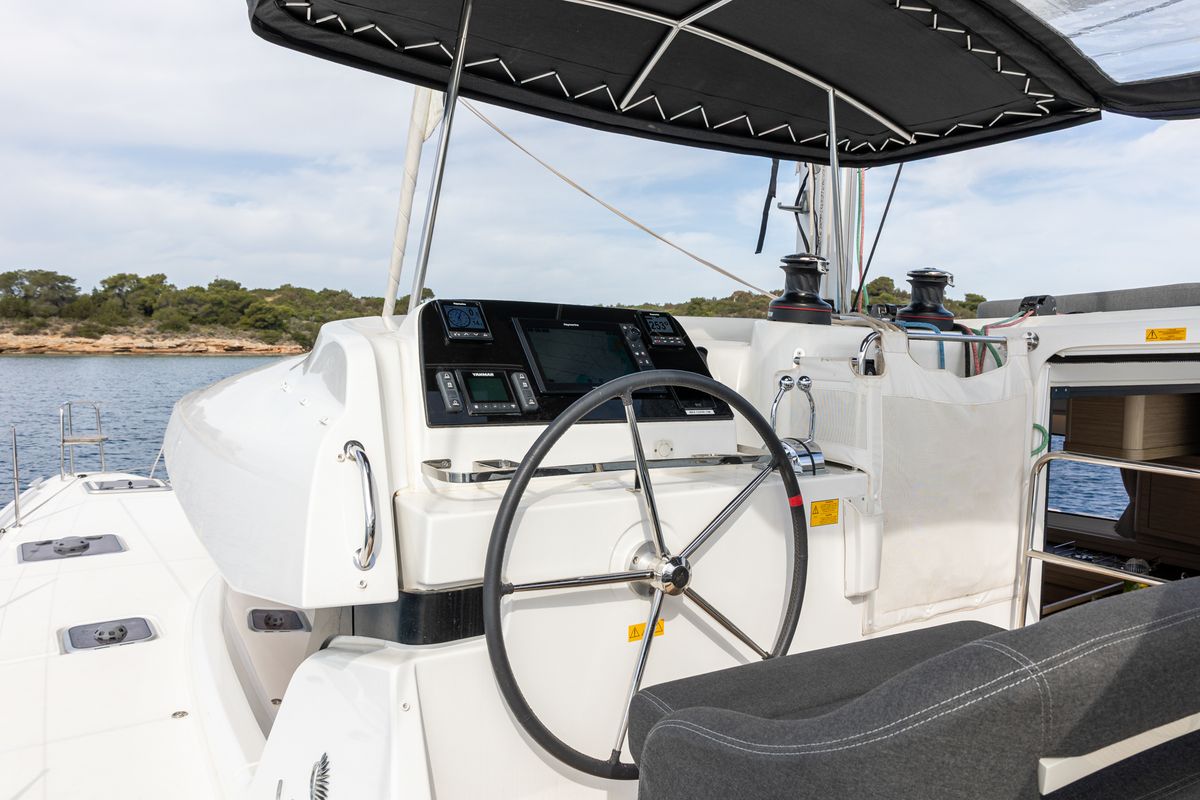 Cockpit of AURA, a Lagoon 42 catamaran at Municipal Unit of Kranidi, Greece