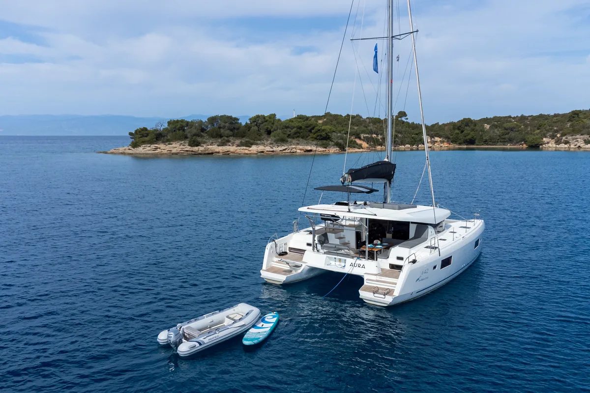 Exterior view of AURA, a Lagoon 42 catamaran at Municipal Unit of Kranidi, Greece
