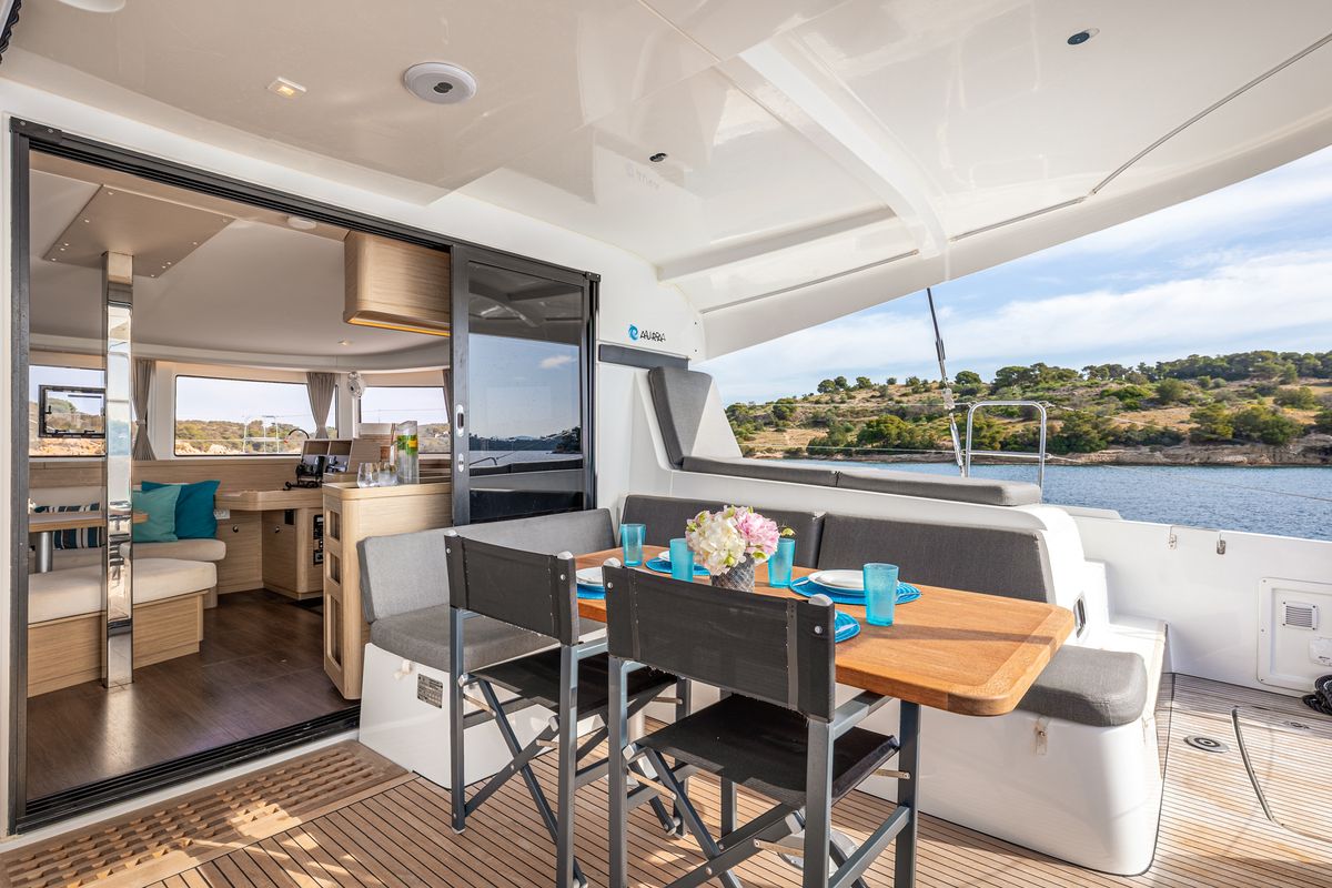 Deck of AURA, a Lagoon 42 catamaran at Municipal Unit of Kranidi, Greece