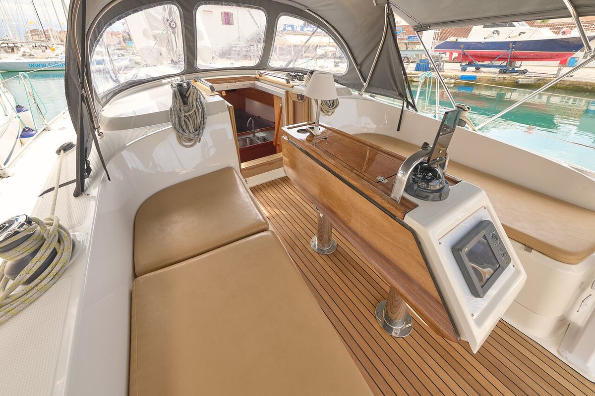 Cockpit of Toni, a Bavaria Cruiser 37 sailboat at Grad Trogir, Croatia