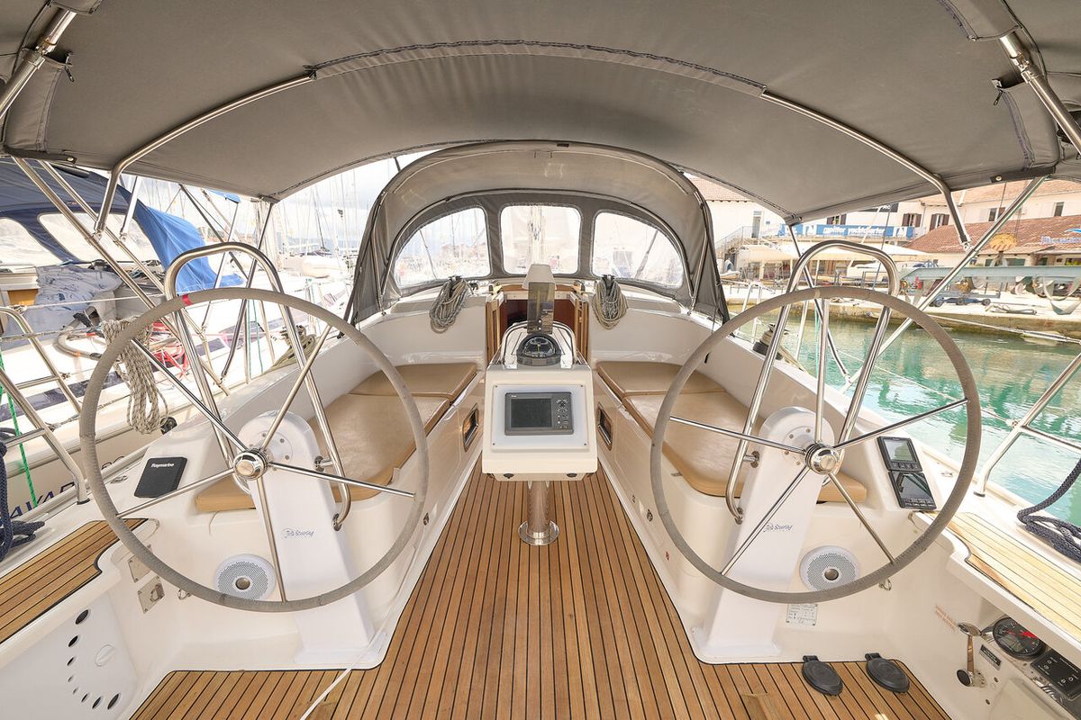 Cockpit of Toni, a Bavaria Cruiser 37 sailboat at Grad Trogir, Croatia