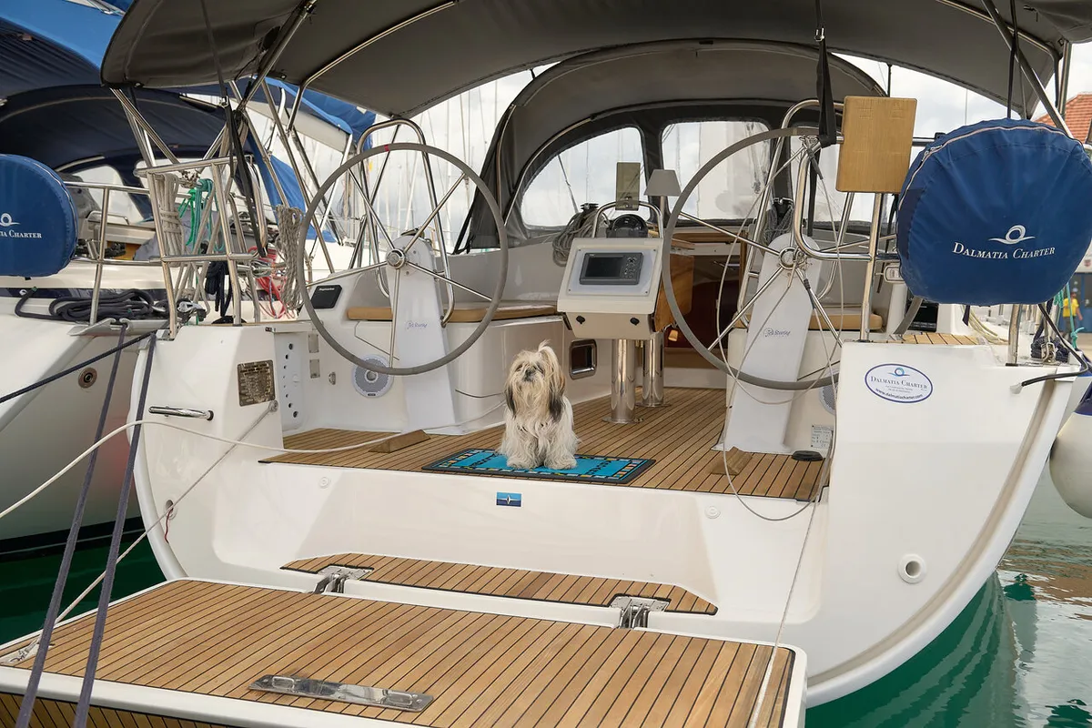 Cockpit of Toni, a Bavaria Cruiser 37 sailboat at Grad Trogir, Croatia