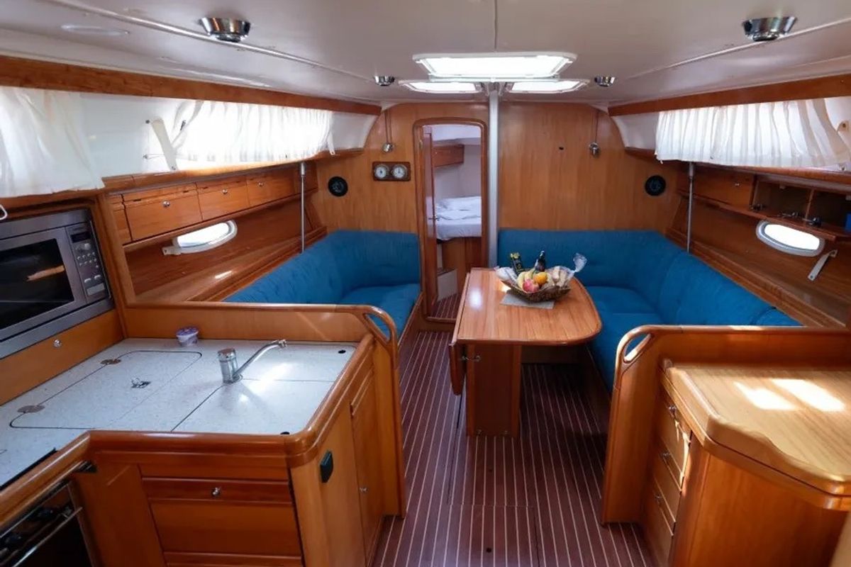Salon of Mr Bojangles, a Bavaria 38 sailboat at Municipal Unit of Palairos, Greece