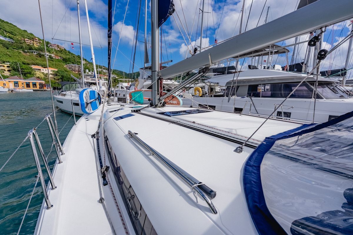 Deck of Hakuna Matata IV, a Jeanneau Sun Odyssey 490 sailboat at Road Town, British Virgin Islands