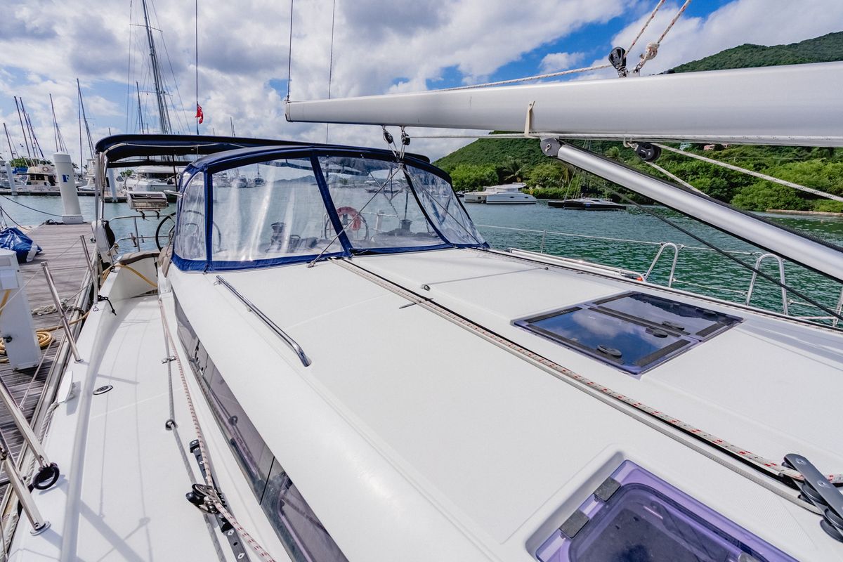 Deck of Hakuna Matata IV, a Jeanneau Sun Odyssey 490 sailboat at Road Town, British Virgin Islands