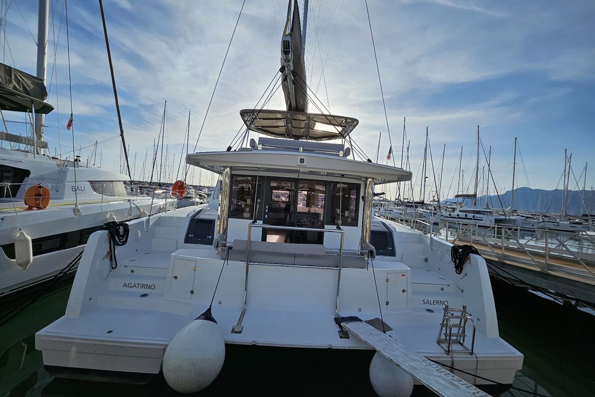 Exterior view of Agatirno, a Bali 4.8 catamaran at Salerno, Italy