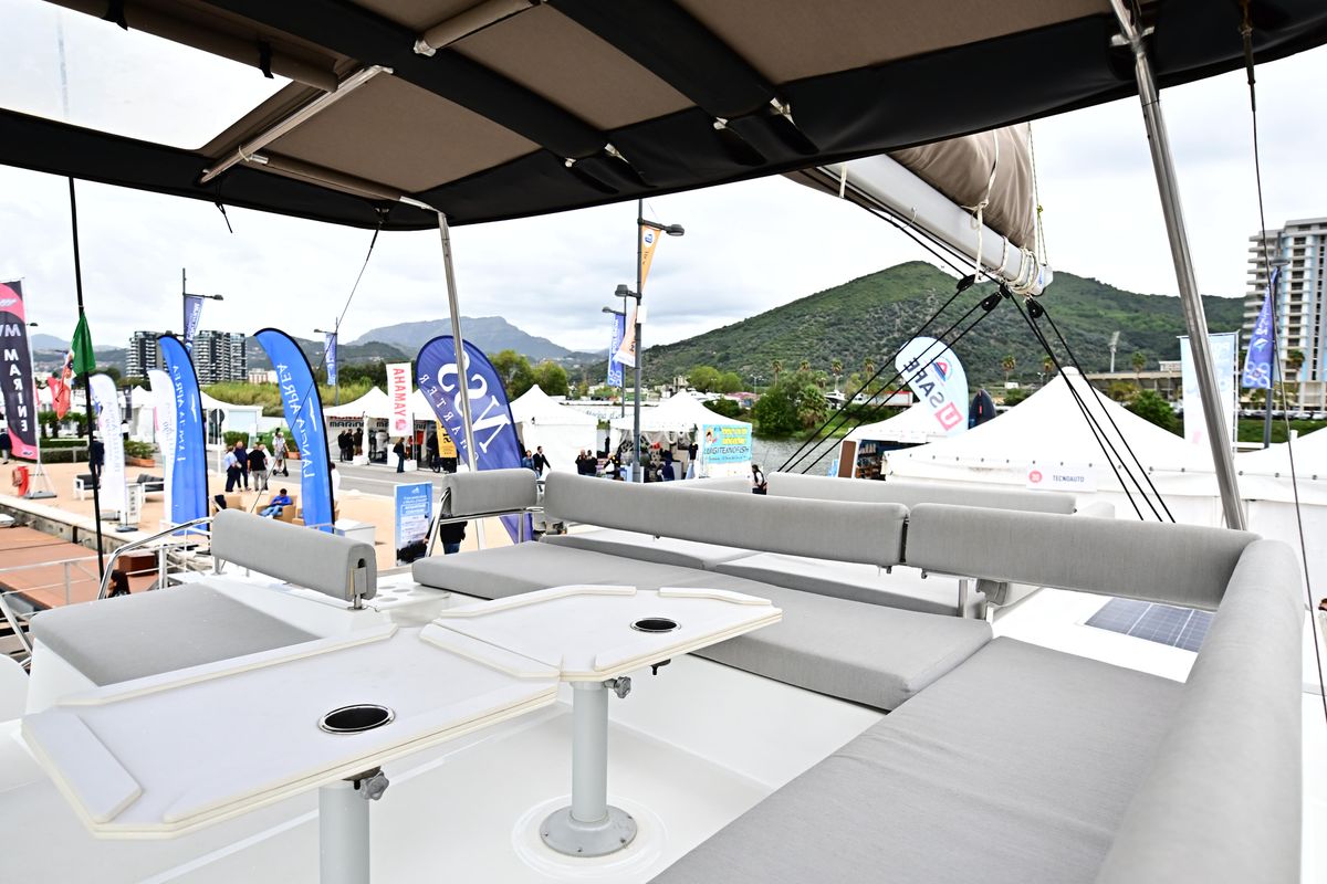 Deck of Agatirno, a Bali 4.8 catamaran at Salerno, Italy