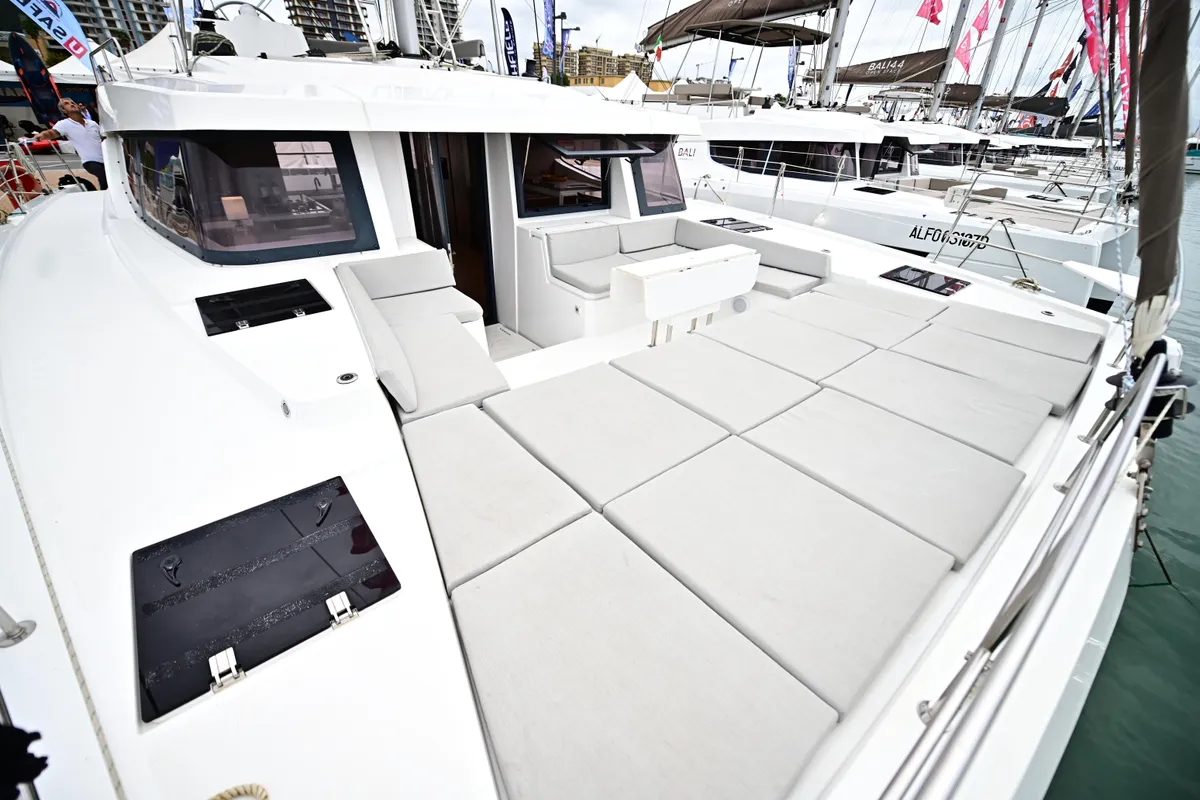 Deck of Agatirno, a Bali 4.8 catamaran at Salerno, Italy