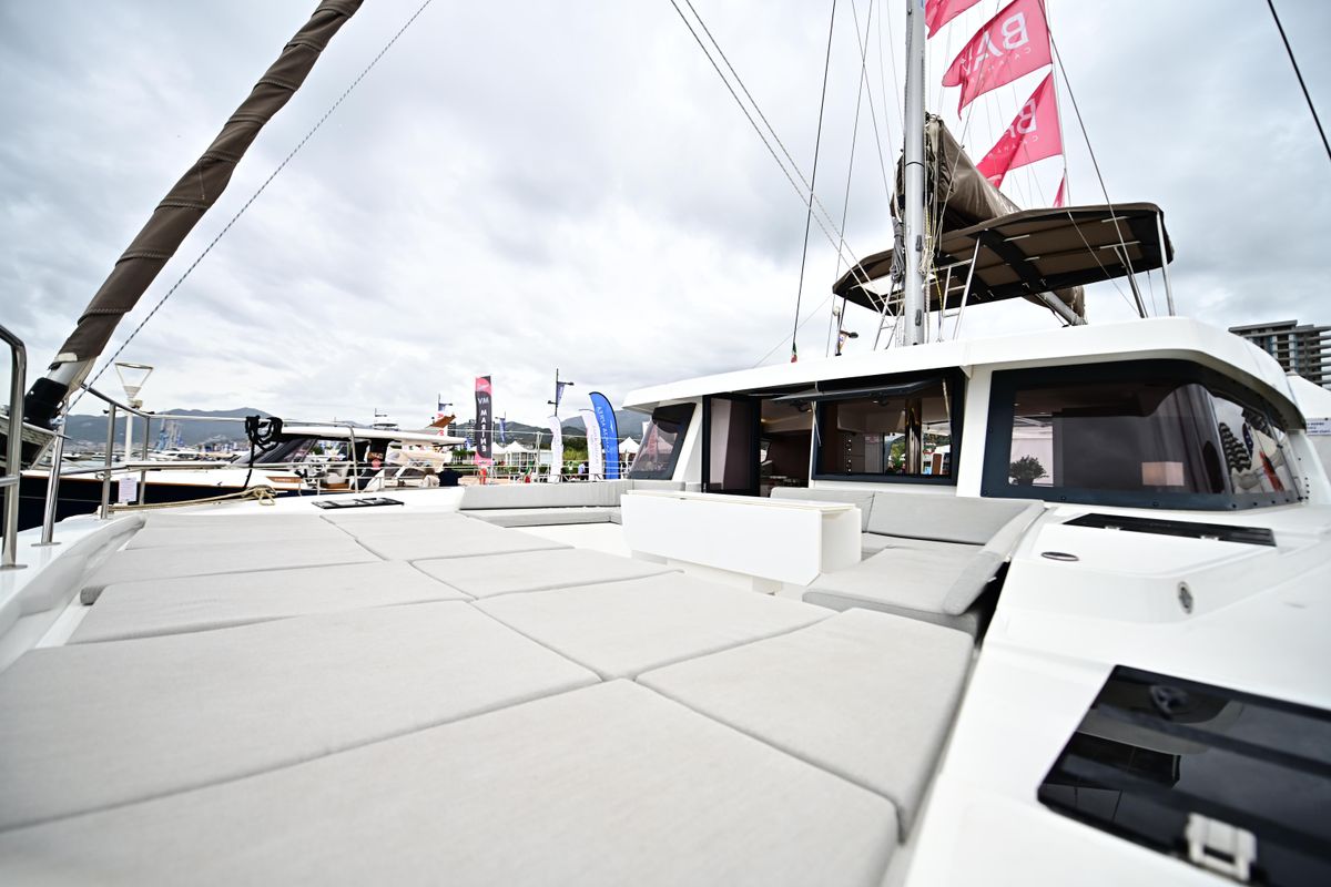 Deck of Agatirno, a Bali 4.8 catamaran at Salerno, Italy