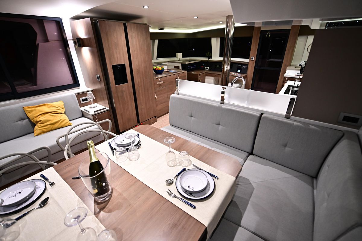Salon of Agatirno, a Bali 4.8 catamaran at Salerno, Italy