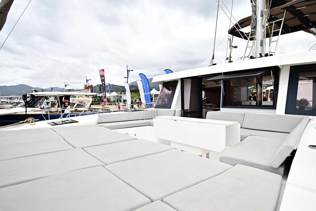 Deck of Agatirno, a Bali 4.8 catamaran at Salerno, Italy