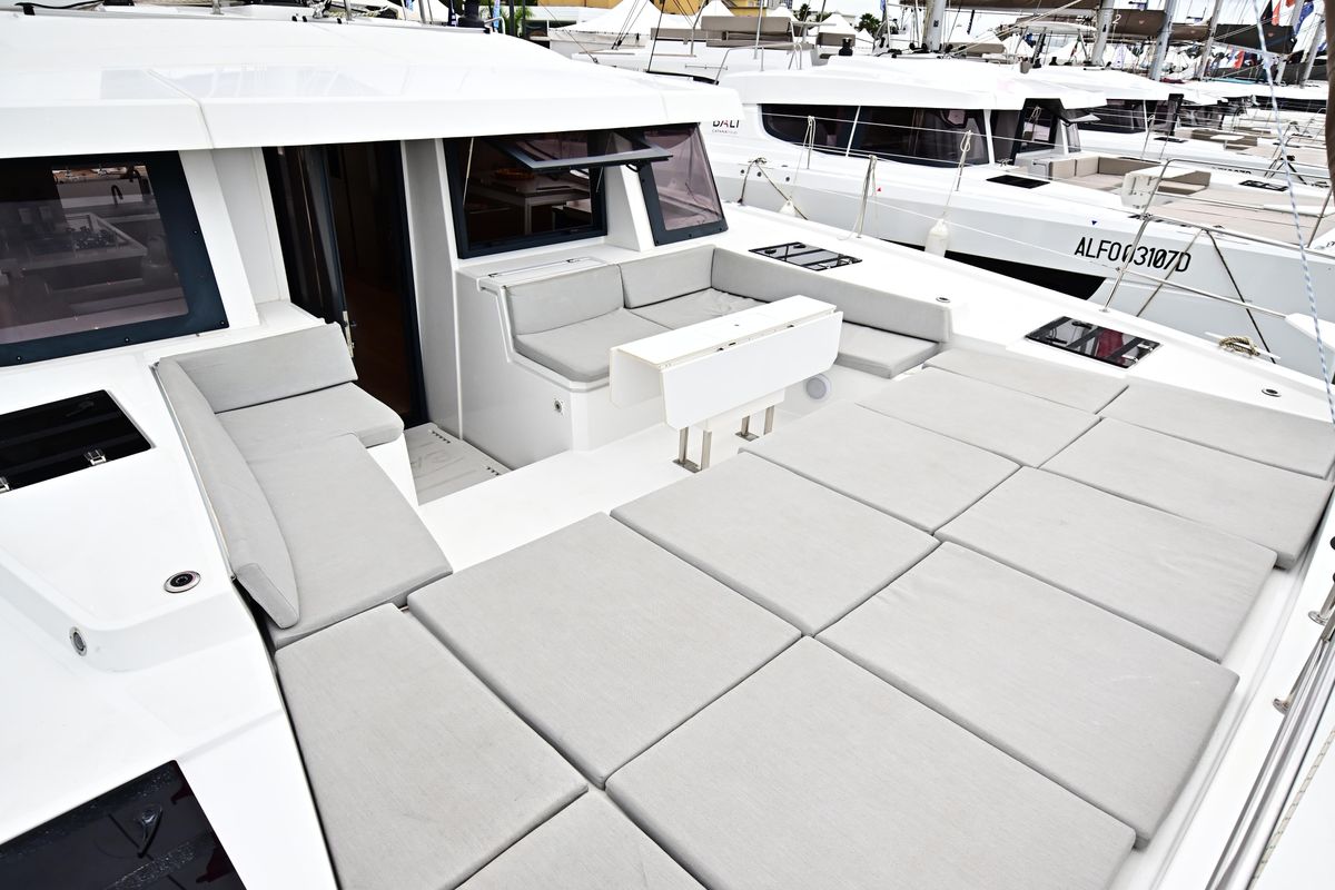 Deck of Agatirno, a Bali 4.8 catamaran at Salerno, Italy