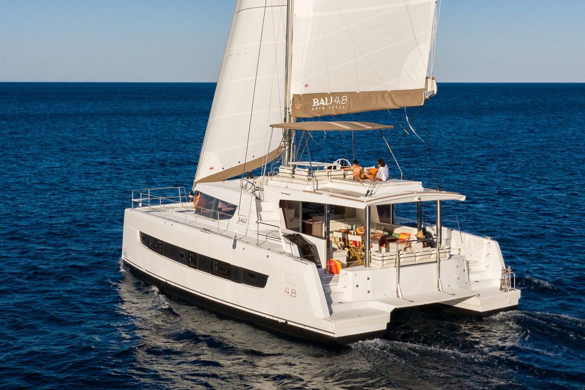 Exterior view of Agatirno, a Bali 4.8 catamaran at Salerno, Italy