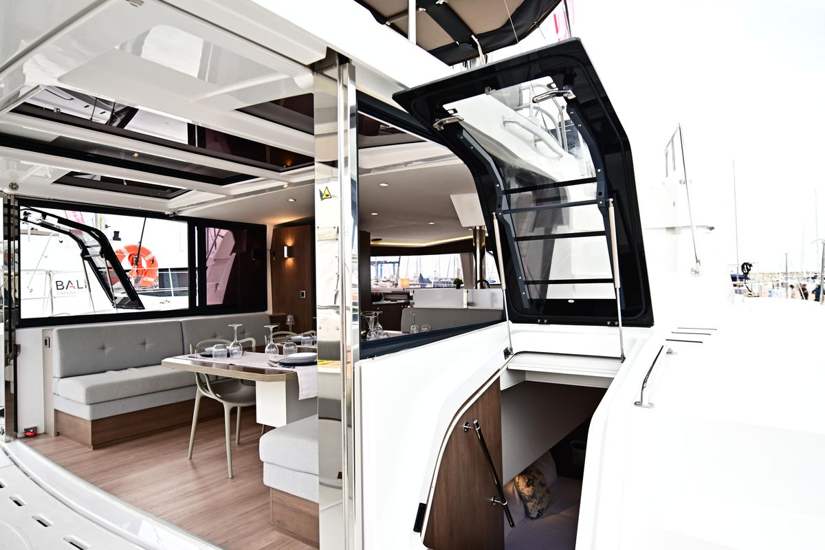 Salon of Agatirno, a Bali 4.8 catamaran at Salerno, Italy