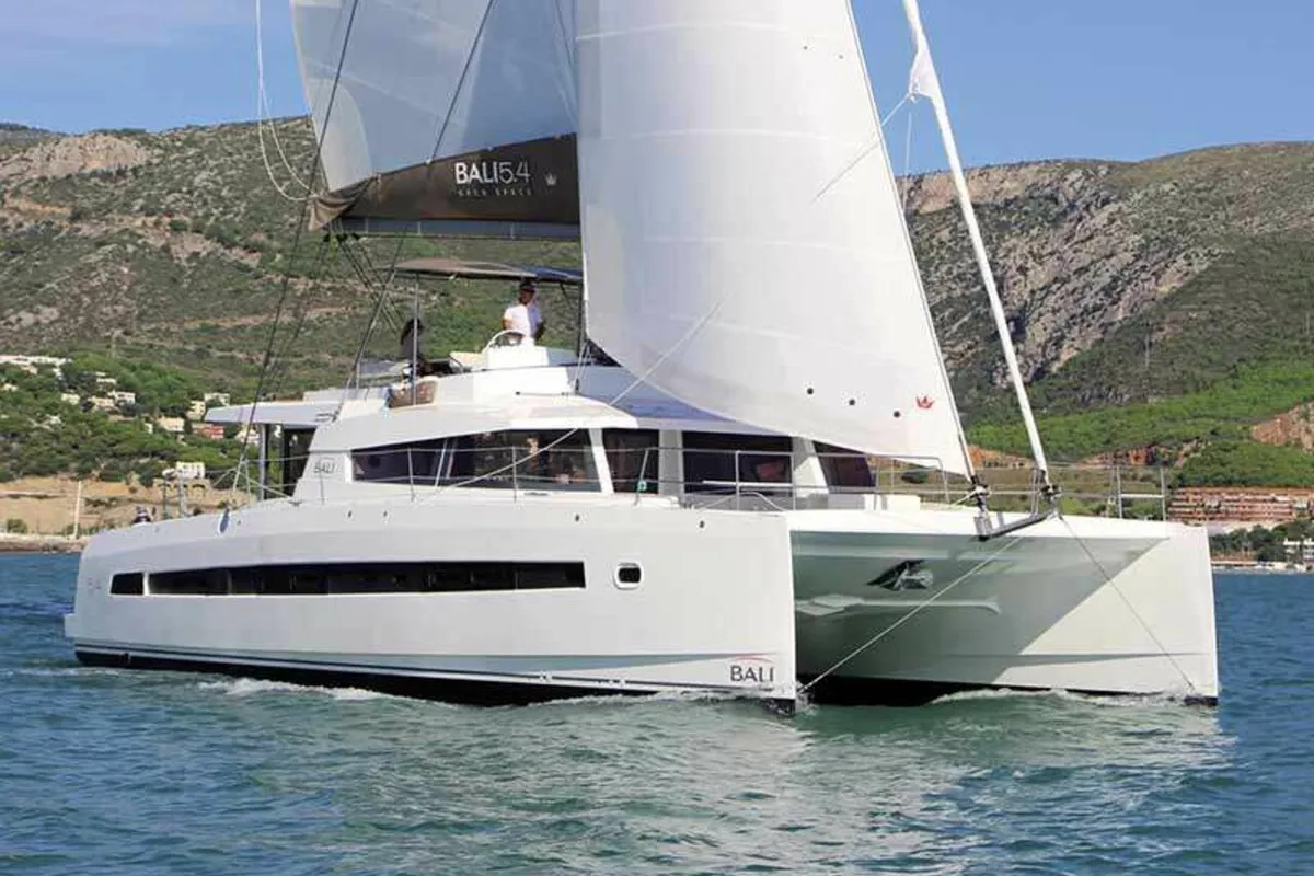 Exterior view of Elena, a Bali 5.4 catamaran at Capo d'Orlando, Italy