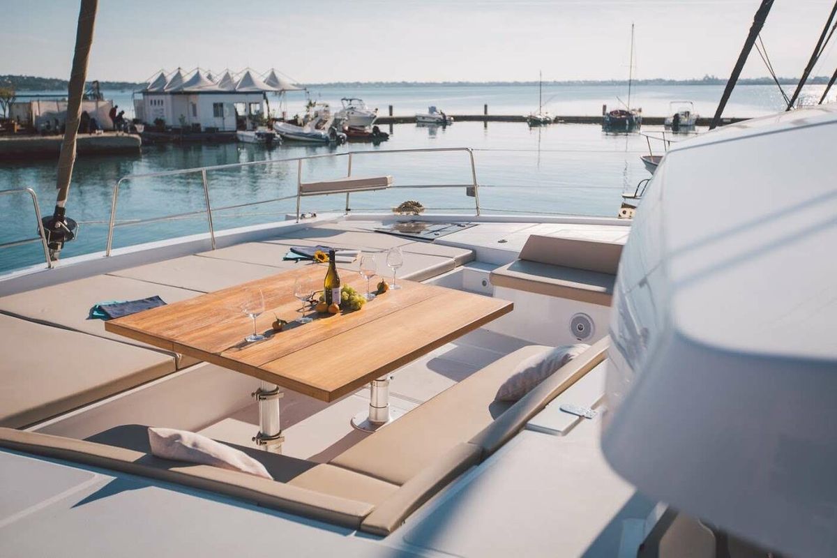 Deck of Elena, a Bali 5.4 catamaran at Capo d'Orlando, Italy