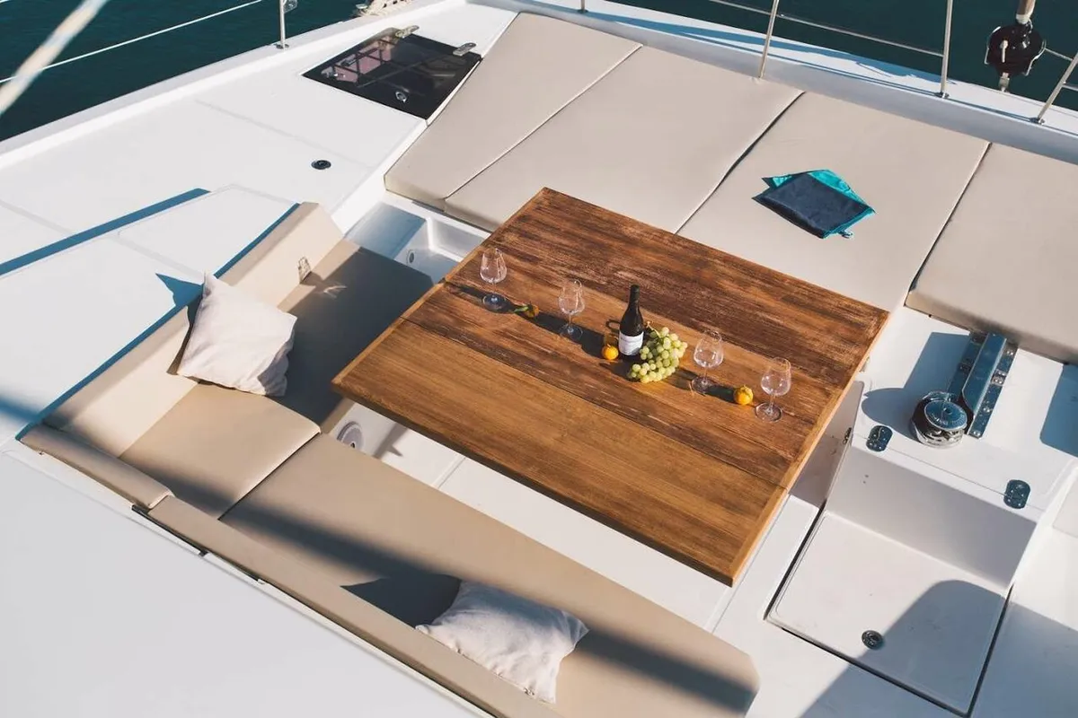 Deck of Elena, a Bali 5.4 catamaran at Capo d'Orlando, Italy