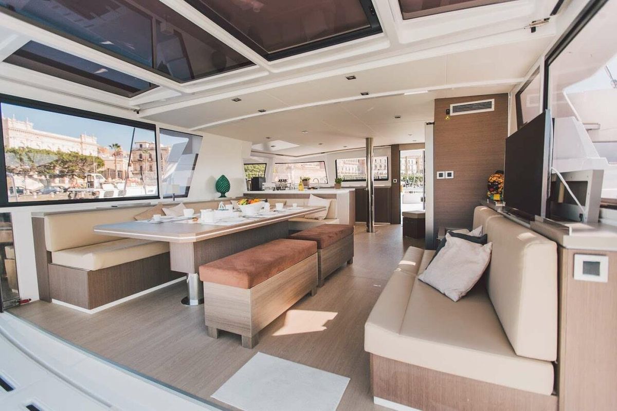 Salon of Elena, a Bali 5.4 catamaran at Capo d'Orlando, Italy