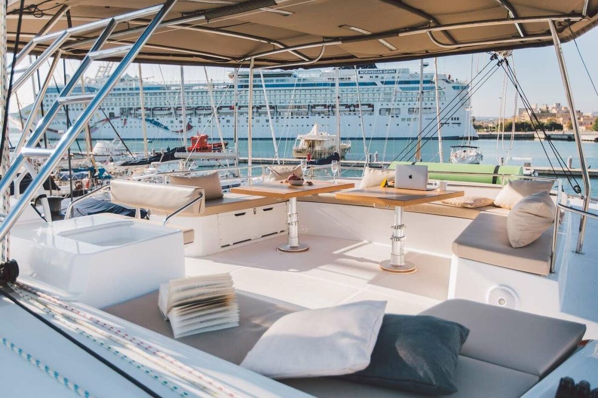 Deck of Elena, a Bali 5.4 catamaran at Capo d'Orlando, Italy