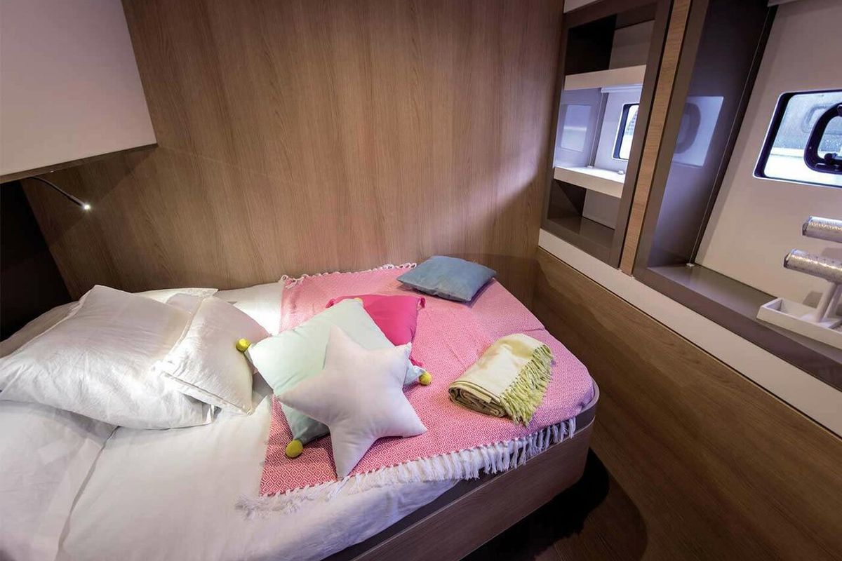 Cabin on Elena, a Bali 5.4 catamaran at Capo d'Orlando, Italy
